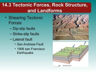 14.3 Tectonic Forces, Rock Structure,
and Landforms
• Shearing Tectonic
Forces
– Dip-slip faults
– Strike-slip faults
– Lateral fault
• San Andreas Fault
• 1906 san Francisco
Earthquake
 