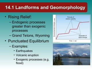 14.1 Landforms and Geomorphology
• Rising Relief:
– Endogenic processes
greater than exogenic
processes
– Grand Tetons, Wyoming
• Punctuated Equilibrium
– Examples:
• Earthquakes
• Volcanic eruption
• Exogenic processes (e.g.
flood)
 