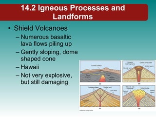 14.2 Igneous Processes and Landforms Shield Volcanoes Numerous basaltic lava flows piling up Gently sloping, dome shaped cone Hawaii Not very explosive, but still damaging 