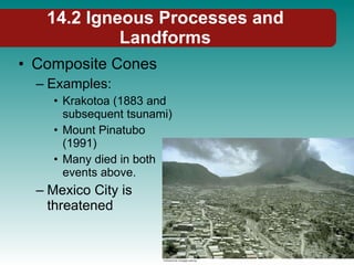 14.2 Igneous Processes and Landforms Composite Cones Examples: Krakotoa (1883 and subsequent tsunami) Mount Pinatubo (1991) Many died in both events above. Mexico City is threatened 