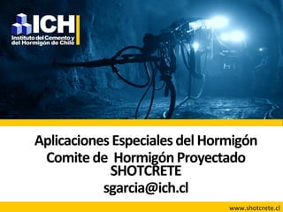 Aplicaciones	
  Especiales	
  del	
  Hormigón	
  
Comite	
  de	
  	
  Hormigón	
  Proyectado	
  
SHOTCRETE	
  
sgarcia@ich.cl	
  
	
   www.shotcrete.cl	
  
 
