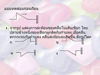   1.  จากรูป แสดงการสะท้อนของคลื่นในเส้นเชือก โดยปลายข้างหนึ่งของเชือกผูกติดกับกำแพง เมื่อคลื่นตกกระทบกับกำแพง คลื่นสะท้อนจะเกิดขึ้น ดังรูปใด ? ก ข   ค ง แบบทดสอบก่อนเรียน 