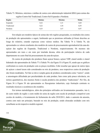 Tabela 73. Mínimos, máximos e médias de custos com administração industrial (R$/t) para usinas das
              regiões Centro-Sul Tradicional, Centro-Sul Expansão e Nordeste.
Região                                   Mínimo                   Máximo                 Média
Expansão                                  0,32                     1,31                   0,69
Tradicional                               0,22                     1,54                   0,59
Nordeste                                  0,35                     1,67                   0,97


         Em relação aos modelos típicos de usinas das três regiões pesquisadas, os resultados dos custos
de produção são apresentados a seguir, lembrando que as premissas utilizadas já foram descritas ao
longo do relatório, estando expressas como valores médios. Da Tabela 74 à Tabela 76, são
apresentados os valores resultantes dos modelos de custos de processamento agroindustrial da cana-de-
açúcar das regiões de Expansão, Tradicional e Nordeste, respectivamente. Os mesmos são
apresentados em reais e em reais por tonelada decana, além da participação relativa de cada
departamento no custo final de processamento da cana-de-açúcar.
         Os custos de produção dos produtos finais açúcar branco, açúcar VHP, etanol anidro e etanol
hidratado são apresentados da Tabela 77 à Tabela 79 e da Figura 53 à Figura 55, sendo que os gráficos
confrontam os custos de produção com os preços recebidos. Cabe ressaltar que apesar de outros tipos
de açúcar e etanol terem sido considerados no mix de produtos, seus respectivos custos de produção
não foram modelados. Tal fato se deve à ampla gama de produtos considerados como “outros”, sendo
a amostragem dificultada por peculiaridades de cada produto, bem como pela pouca relevância, em
termos quantitativos, dos mesmos frente à escala produtiva dos produtos “tradicionais”. Por fim, da
Figura 56 à Figura 58 são apresentados os fluxogramas industriais, cuja ilustração contrasta os
resultados técnicos e econômicos dos modelos.
         Em termos metodológicos, além dos princípios utilizados em levantamentos passados, isto é,
do custo médio da região e custo médio de usina da região com escala de produção compatível com
escalas do modelo, o levantamento de fechamento da safra 2010/2011, dado o aumento da amostra,
contou com mais um principio, baseado no mix de produção, sendo elencadas unidades com mix
semelhante ao do respectivo modelo regional.



110
 
