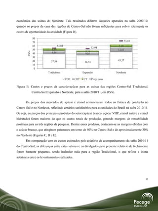 econômica das usinas do Nordeste. Tais resultados diferem daqueles apurados na safra 2009/10,
quando os preços da cana das regiões do Centro-Sul não foram suficientes para cobrir totalmente os
custos de oportunidade da atividade (Figura B).

                80
                70                                                                      73,45
                60                    54,04                                         7,19
                                                                   52,94
                50             6,09                                                12,63
                                                            3,31
        R$/tc




                40             9,18                         9,07
                30
                20            37,86                                                43,57
                                                           34,74
                10
                 0
                            Tradicional                   Expansão                Nordeste

                                              COE   COT   CT       Preço cana

Figura B. Custos e preços da cana-de-açúcar para as usinas das regiões Centro-Sul Tradicional,
                Centro-Sul Expansão e Nordeste, para a safra 2010/11, em R$/tc.


       Os preços dos mercados de açúcar e etanol remuneraram todos os fatores de produção no
Centro-Sul e no Nordeste, refletindo cenários satisfatórios para as unidades do Brasil na safra 2010/11.
Ou seja, os preços dos principais produtos do setor (açúcar branco, açúcar VHP, etanol anidro e etanol
hidratado) foram maiores do que os custos totais de produção, gerando margens de rentabilidade
positivas para as três regiões da pesquisa. Dentre esses produtos, destacam-se as margens obtidas com
o açúcar branco, que atingiram patamares em torno de 40% no Centro-Sul e de aproximadamente 30%
no Nordeste (Figuras C, D e E).
       Em comparação com os custos estimados pelo relatório de acompanhamento da safra 2010/11
do Centro-Sul, as diferenças entre estes valores e os divulgados pelo presente relatório de fechamento
foram bastante pequenas, sendo inclusive nula para a região Tradicional, o que reflete a ótima
aderência entre os levantamentos realizados.




                                                                                                     13
 