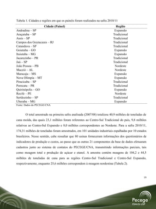 Tabela 1. Cidades e regiões em que os painéis foram realizados na safra 2010/11
                     Cidade (Painel)                                         Região
Andradina – SP                                                              Expansão
Araçatuba – SP                                                             Tradicional
Assis – SP                                                                 Tradicional
Campos dos Goytacazes – RJ                                                 Tradicional
Catanduva – SP                                                             Tradicional
Goiatuba – GO                                                               Expansão
Ituiutaba – MG                                                              Expansão
Jacarezinho – PR                                                           Tradicional
Jaú – SP                                                                   Tradicional
João Pessoa – PB                                                            Nordeste
Maceió – AL                                                                 Nordeste
Maracaju – MS                                                               Expansão
Nova Olímpia – MT                                                           Expansão
Piracicaba – SP                                                            Tradicional
Porecatu – PR                                                              Tradicional
Quirinópolis – GO                                                           Expansão
Recife – PE                                                                 Nordeste
Sertãozinho – SP                                                           Tradicional
Uberaba – MG                                                                Expansão
Fonte: Dados do PECEGE/CNA


       O total amostrado na primeira safra analisada (2007/08) totalizou 40,9 milhões de toneladas de
cana moída, das quais 23,1 milhões foram referentes ao Centro-Sul Tradicional do país, 9,8 milhões
relativas ao Centro-Sul Expansão e 8,0 milhões correspondentes ao Nordeste. Para a safra 2010/11,
174,31 milhões de toneladas foram amostrados, em 101 unidades industriais espalhadas por 10 estados
brasileiros. Nesse sentido, cabe ressaltar que 80 usinas forneceram informações dos questionários de
indicadores de produção e custos, ao passo que as outras 21 componentes da base de dados efetuaram
cadastros junto ao sistema de contatos do PECEGE/CNA, transmitindo informações parciais, tais
como moagem total e produção de açúcar e etanol. A amostra contém moagens de 104,2 e 44,5
milhões de toneladas de cana para as regiões Centro-Sul Tradicional e Centro-Sul Expansão,
respectivamente, enquanto 25,6 milhões correspondem à moagem nordestina (Tabela 2).



                                                                                                   19
 