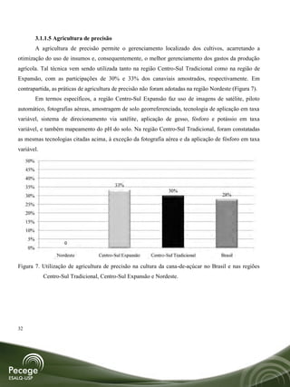 3.1.1.5 Agricultura de precisão
           A agricultura de precisão permite o gerenciamento localizado dos cultivos, acarretando a
otimização do uso de insumos e, consequentemente, o melhor gerenciamento dos gastos da produção
agrícola. Tal técnica vem sendo utilizada tanto na região Centro-Sul Tradicional como na região de
Expansão, com as participações de 30% e 33% dos canaviais amostrados, respectivamente. Em
contrapartida, as práticas de agricultura de precisão não foram adotadas na região Nordeste (Figura 7).
           Em termos específicos, a região Centro-Sul Expansão faz uso de imagens de satélite, piloto
automático, fotografias aéreas, amostragem de solo georreferenciada, tecnologia de aplicação em taxa
variável, sistema de direcionamento via satélite, aplicação de gesso, fósforo e potássio em taxa
variável, e também mapeamento do pH do solo. Na região Centro-Sul Tradicional, foram constatadas
as mesmas tecnologias citadas acima, à exceção da fotografia aérea e da aplicação de fósforo em taxa
variável.
     50%
     45%
     40%
     35%                                     33%
                                                                  30%
     30%                                                                               28%
     25%
     20%
     15%
     10%
     5%
                      0
     0%
                   Nordeste         Centro-Sul Expansão   Centro-Sul Tradicional       Brasil

Figura 7. Utilização de agricultura de precisão na cultura da cana-de-açúcar no Brasil e nas regiões
              Centro-Sul Tradicional, Centro-Sul Expansão e Nordeste.




32
 