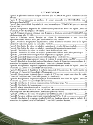 LISTA DE FIGURAS
Figura 1. Representatividade da moagem amostrada pelo PECEGE/CNA, para o fechamento da safra
2010/11. .................................................................................................................................................. 21
Figura 2. Representatividade da produção de açúcar amostrada pelo PECEGE/CNA, para o
fechamento da safra 2010/11 .................................................................................................................. 22
Figura 3. Representatividade da produção de etanol amostrada pelo PECEGE/CNA, para o fechamento
da safra 2010/11 ..................................................................................................................................... 23
Figura 4. Histograma de frequências das variedades mais plantadas no Brasil e nas regiões Centro-Sul
Tradicional, Centro-Sul Expansão e Nordeste. ...................................................................................... 26
Figura 5. Principais pragas da cultura da cana-de-açúcar no Brasil, na amostra do PECEGE/CNA, para
o fechamento da safra 2010/11. .............................................................................................................. 28
Figura 6. Principais plantas daninhas na cultura da cana-de-açúcar e suas respectivas
representatividades em nível Brasil, para o fechamento da safra 2010/11. ........................................... 29
Figura 7. Utilização de agricultura de precisão na cultura da cana-de-açúcar no Brasil e nas regiões
Centro-Sul Tradicional, Centro-Sul Expansão e Nordeste..................................................................... 32
Figura 8. Distribuição das usinas em relação à capacidade de extração diária em toneladas. ............... 33
Figura 9. Distribuição das usinas em relação à capacidade diária das destilarias de etanol. ................. 34
Figura 10. Distribuição das usinas em relação à via de desidratação de etanol. .................................... 34
Figura 11. Distribuição das usinas em relação à quantidade de caldeiras para a produção de vapor. ... 35
Figura 12. Quantidade de caldeiras por classes de pressão de vapor (em kgf/cm²). .............................. 35
Figura 13. Quantidade de caldeiras por capacidade de produção (em t vapor/h). ................................. 36
Figura 14. Quantidade de geradores por classes de potência de energia elétrica (em MW). ................. 38
Figura 15. Distribuição de produtividade média (t/ha) em função de faixas de moagem (milhões de t)
para usinas das regiões Centro-Sul Tradicional, Centro-Sul Expansão e Nordeste. .............................. 43
Figura 16. Histograma de freqüência de produtividade média (t/ha) para usinas das regiões Centro-Sul
Tradicional (a), Centro-Sul Expansão (b) e Nordeste (c)....................................................................... 43
Figura 17. Histograma de freqüência de colheita mecanizada (%) para usinas das regiões Centro-Sul
Tradicional (a), Centro-Sul Expansão (b) e Nordeste (c)....................................................................... 44
Figura 18. Histograma de freqüência da concentração de ATR em cana própria para usinas das regiões
Centro-Sul Tradicional (a), Centro-Sul Expansão (b) e Nordeste (c). ................................................... 46
Figura 19. Histograma de freqüência dos preços de arrendamentos para usinas das regiões Centro-Sul
Tradicional (a), Centro-Sul Expansão (b) e Nordeste (c)....................................................................... 47
Figura 20. Distribuição de horas de processamento e eficiência do tempo (%). ................................... 52
Figura 21. Distribuição das horas paradas.............................................................................................. 52
Figura 22. Mix de produção entre açúcar e etanol (em %). ................................................................... 53
Figura 23. Distribuição da Pol% da cana (PC da cana - percentual de sacarose na composição da cana)
para as regiões Centro-Sul Tradicional, Centro-Sul Expansão e Nordeste. ........................................... 57
Figura 24. Distribuição das usinas em relação ao teor de fibra da cana-de-açúcar (em %). .................. 58
Figura 25. Pureza do caldo da cana (relação percentual entre Pol % e Brix). ....................................... 59
Figura 26. Distribuição de perdas na extração (% ART) em função de faixas de moagem (milhões de t)
para usinas das regiões Centro-Sul Tradicional, Centro-Sul Expansão e Nordeste. .............................. 60


                                                                                                                                                            5
 