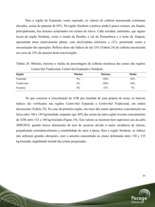 Para a região de Expansão, como esperado, os valores de colheita mecanizada continuam
elevados, acima do patamar de 85%. Na região Nordeste a prática ainda é pouco comum, em função,
principalmente, dos terrenos acidentados em termos de relevo. Cabe ressaltar, entretanto, que alguns
locais da região Nordeste, como o estado da Paraíba, o sul do Pernambuco e o norte de Alagoas,
apresentam áreas relativamente planas, com declividades inferiores a 12%, permitindo assim a
mecanização das operações. Reflexo disso são índices de até 33% (Tabela 24) de colheita mecanizada
em cerca de 15% da amostra desta macrorregião.


Tabela 24. Mínimo, máximo e média da porcentagem de colheita mecânica das usinas das regiões
              Centro-Sul Tradicional, Centro-Sul Expansão e Nordeste.
Região                                        Mínimo               Máximo              Média
Expansão                                        0%                  100%                86%
Tradicional                                     0%                  100%                64%
Nordeste                                        0%                  33%                  7%



         No que concerne à concentração de ATR por tonelada de cana própria de usina, os maiores
índices são verificados nas regiões Centro-Sul Expansão e Centro-Sul Tradicional, em ordem
decrescente (Tabela 25). No caso da primeira região, um terço das usinas apresentou concentrações na
faixa entre 140 e 145 kg/tonelada, enquanto que 44% das usinas da outra região tiveram concentrações
de ATR entre 132 e 140 kg/tonelada (Figura 18). Tais valores se mostram bem superiores aos da safra
2009/2010, quando houve diminuição do teor de sacarose devido à maior incidência de chuvas,
prejudicando consideravelmente a rentabilidade do setor à época. Para a região Nordeste, os índices
não sofreram grandes alterações, com a amostra concentrada na classe delimitada entre 130 e 135
kg/tonelada, englobando metade das usinas pesquisadas.




                                                                                                  45
 