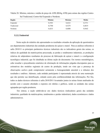 Tabela 28. Mínimo, máximo e média do preço do ATR (R$/kg ATR) para usinas das regiões Centro-
              Sul Tradicional, Centro-Sul Expansão e Nordeste.
Região                                         Mínimo               Máximo                Média
Expansão                                       0,3503                0,4222               0,3751
Tradicional                                    0,3700                0,5279               0,4019
Nordeste                                       0,4233                0,6000               0,5642



     3.2.2.2 Industrial


         Nesta seção do relatório são apresentados os resultados oriundos da aplicação de questionários
aos departamentos industriais das unidades produtoras de açúcar e etanol. Para as análises referentes à
safra 2010/11 os principais parâmetros técnicos industriais são os indicadores gerais das usinas, os
índices de qualidade da matéria-prima processada, as perdas e rendimentos industriais, as produções
relativas de subprodutos resultantes do processo de fabricação de açúcar e etanol e a configuração
tecnológica industrial, que foi detalhada na última seção do documento. Em termos metodológicos,
cabe ressaltar o procedimento estatístico de eliminação de informações julgadas discrepantes para as
estimativas dos modelos regionais de custos de produção, tendo em vista que a presença de
observações outliers pode comprometer seriamente a homogeneidade amostral e a robustez dos
resultados e análises. Ademais, cada unidade participante é representada através de uma numeração
que não permite sua identificação, zelando assim pela confidencialidade das informações. Por fim,
todos os dados técnicos referentes à safra 2010/2011 levantados juntos às usinas foram analisados de
acordo com o assunto abordado e expostos em tabelas e gráficos, sendo as unidades das usinas
agrupadas por região produtora.
           Em síntese, a seção subdivide-se em: dados técnicos (indicadores gerais das unidades
industriais, qualidade da matéria-prima, rendimentos e perdas industriais), dados econômicos e dados
administrativos.




                                                                                                    49
 