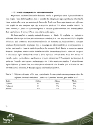 3.2.2.2.1 Indicadores gerais das unidades industriais
         O primeiro resultado considerado relevante remete às proporções entre o processamento de
cana própria e cana de fornecedores, para as unidades das três grandes regiões produtoras (Tabela 29).
Nesse sentido, observa-se que as usinas do Centro-Sul Tradicional foram aquelas que mais utilizaram
cana própria em suas moagens, haja vista a proporção média de 73% aferida na safra 2010/11. De
forma contrária, o Centro-Sul Expansão englobou as unidades que mais moeram cana de fornecedores,
dada a participação de apenas 60% da cana própria em tal região.
         De forma a definir os modelos regionais de custos, a Tabela 30 explicita os parâmetros
utilizados sobre a capacidade de processamento de cana-de-açúcar, com base em atualizações julgadas
necessárias para a obtenção de estimativas realísticas. Os montantes de processamento na safra (em
toneladas) foram mantidos constantes, pois as mudanças do último relatório de acompanhamento já
haviam incorporado a elevação média de produção das usinas do Brasil. Dentre as mudanças, pode-se
destacar a redução no número de dias de safra das usinas típicas das regiões do Centro-Sul. Em geral,
as unidades da região Tradicional adiaram o início efetivo da safra em torno de 10 dias, devido aos
elevados índices pluviométricos registrados no primeiro trimestre de 2010, enquanto que as usinas da
região de Expansão anteciparam a safra em cerca de 10 dias, em termos médios. A usina típica da
região Nordeste, por outro lado, teve elevação no número de dias de safra, pois o término da safra
2010/11 ocorreu em média 20 dias após aquele computado em 2009/10.


Tabela 29. Mínimo, máximo e média para a participação da cana própria nas moagens das usinas das
              regiões Centro-Sul Tradicional, Centro-Sul Expansão e Nordeste, para a safra 2010/11.
Região                                   Mínimo                  Máximo                  Média
Expansão                                   0%                      100%                  60%
Tradicional                                0%                      99%                   73%
Nordeste                                  38%                      72%                   63%




50
 