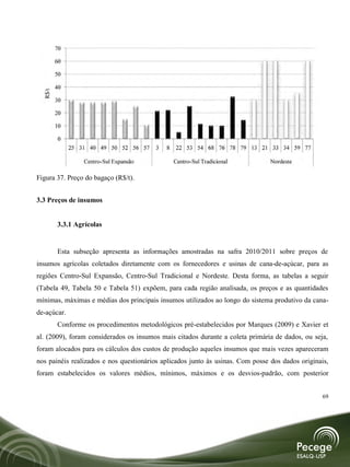 70

         60

         50

         40
  R$/t




         30

         20

         10

         0
              25 31 40 49 50 52 56 57    3   8   22 53 54 68 76 78 79 13 21 33 34 59 77

                  Centro-Sul Expansão            Centro-Sul Tradicional         Nordeste

Figura 37. Preço do bagaço (R$/t).


3.3 Preços de insumos


         3.3.1 Agrícolas


         Esta subseção apresenta as informações amostradas na safra 2010/2011 sobre preços de
insumos agrícolas coletados diretamente com os fornecedores e usinas de cana-de-açúcar, para as
regiões Centro-Sul Expansão, Centro-Sul Tradicional e Nordeste. Desta forma, as tabelas a seguir
(Tabela 49, Tabela 50 e Tabela 51) expõem, para cada região analisada, os preços e as quantidades
mínimas, máximas e médias dos principais insumos utilizados ao longo do sistema produtivo da cana-
de-açúcar.
         Conforme os procedimentos metodológicos pré-estabelecidos por Marques (2009) e Xavier et
al. (2009), foram considerados os insumos mais citados durante a coleta primária de dados, ou seja,
foram alocados para os cálculos dos custos de produção aqueles insumos que mais vezes apareceram
nos painéis realizados e nos questionários aplicados junto às usinas. Com posse dos dados originais,
foram estabelecidos os valores médios, mínimos, máximos e os desvios-padrão, com posterior


                                                                                                  69
 
