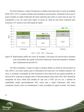 De forma ilustrativa, a Figura 38 apresenta as relações observadas entre os custos de produção
(COE, COT e CT) e os preços recebidos pela tonelada da cana-de-açúcar. Claramente nota-se que os
preços recebidos na região Tradicional não foram suficientes para cobrir os custos totais da cana. Em
contrapartida a isso, nas outras duas regiões os preços de venda da cana foram suficientes para
remunerar o CT, inclusive com sobra líquida de capital.

             80
                                                                                              72,93
             70
             60                                                                        7,56
                                     55,23                         51,76
             50              13,12
                                                                                      16,27
                                                            6,90
     R$/tc




             40              14,03
                                                           10,68
             30
             20                                                                       40,23
                             32,18                         29,43
             10
              0
                           Tradicional                    Expansão                   Nordeste

                                             COE    COT      CT       Preço cana

Figura 38. Representação gráfica dos custos de produção e dos preços da cana-de-açúcar encarados
                  pelos fornecedores das regiões Centro-Sul Tradicional, Centro-Sul Expansão e Nordeste,
                  para o fechamento da safra 2010/11.


             De forma semelhante, a Figura 39 expõe as margens obtidas na cultura da cana-de-açúcar na
safra 2010/11, em termos médios, para os fornecedores do Centro-Sul e do Nordeste brasileiro. Em
suma, os resultados consolidados da safra mostraram-se mais atrativos do que aqueles projetados no
início de 2011, sendo que as margens sobre o COE apresentaram valores entre 70% e 80%. Quando da
comparação do preço obtido pela tonelada de cana com o COT, por sua vez, o patamar de
rentabilidade atingiu aproximadamente 30%, exceto para a região Tradicional, onde foram
visualizados maiores níveis de arrendamentos e maior ociosidade do capital investido. Tais fatores




84
 