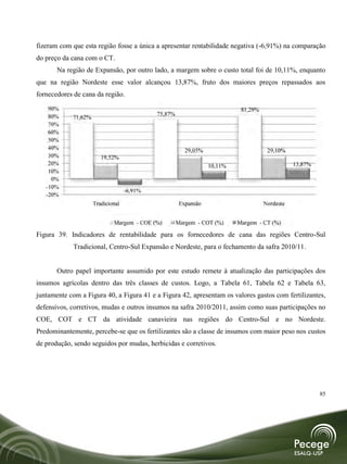 fizeram com que esta região fosse a única a apresentar rentabilidade negativa (-6,91%) na comparação
do preço da cana com o CT.
       Na região de Expansão, por outro lado, a margem sobre o custo total foi de 10,11%, enquanto
que na região Nordeste esse valor alcançou 13,87%, fruto dos maiores preços repassados aos
fornecedores de cana da região.

    90%                                                                    81,29%
    80%                                     75,87%
            71,62%
    70%
    60%
    50%
    40%                                                 29,05%                       29,10%
    30%                 19,52%
    20%                                                          10,11%                        13,87%
    10%
     0%
   -10%
                                   -6,91%
   -20%
                     Tradicional                      Expansão                      Nordeste


                             Margem - COE (%)        Margem - COT (%)     Margem - CT (%)

Figura 39. Indicadores de rentabilidade para os fornecedores de cana das regiões Centro-Sul
             Tradicional, Centro-Sul Expansão e Nordeste, para o fechamento da safra 2010/11.


       Outro papel importante assumido por este estudo remete à atualização das participações dos
insumos agrícolas dentro das três classes de custos. Logo, a Tabela 61, Tabela 62 e Tabela 63,
juntamente com a Figura 40, a Figura 41 e a Figura 42, apresentam os valores gastos com fertilizantes,
defensivos, corretivos, mudas e outros insumos na safra 2010/2011, assim como suas participações no
COE, COT e CT da atividade canavieira nas regiões do Centro-Sul e no Nordeste.
Predominantemente, percebe-se que os fertilizantes são a classe de insumos com maior peso nos custos
de produção, sendo seguidos por mudas, herbicidas e corretivos.




                                                                                                        85
 