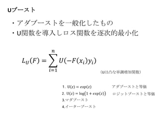 Uブースト

・アダブーストを一般化したもの
・U関数を導入しロス関数を逐次的最小化




                     （Uは凸な単調増加関数）


                        アダブーストと等価
                        ロジットブーストと等価
        3.マダブースト
        4.イーターブースト
 