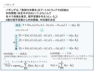 バギング




       標本

       リサンプリング


     ブ
     ー
     ト
    本ス
     ラ
     ッ
     プ
     標

判別問題・・・多数決               回帰問題・・・平均
(各弱学習器に標本をぶちこんで,各サンプルに   (各弱学習器に標本をぶちこんで,各サンプルに
つ                         ついて出力されたラベルを平均する)
 いて もっとも多いラベルを正しいラベルと
みなす)
 