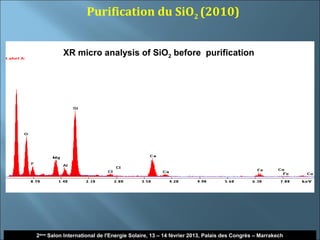 Purification du SiO2 (2010)


          XR micro analysis of SiO2 before purification




                                                                                                      22
2ème Salon International de l'Energie Solaire, 13 – 14 février 2013, Palais des Congrès – Marrakech
 