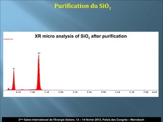 Purification du SiO2



            XR micro analysis of SiO2 after purification




                                                                                                      23
2ème Salon International de l'Energie Solaire, 13 – 14 février 2013, Palais des Congrès – Marrakech
 