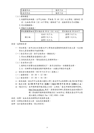 4
3.優選作品 每件 5 分
4.佳作作品 每件 3 分
（二）錄取額度：
1.依據學校班級數，分甲乙兩組，甲組為 31 班（含）以上學校，錄取前 10
名；乙組為 30 班（含）以下學校，錄取前 7 名，並按照得分予以獎勵。
2.同分增額錄取。
3.獎勵方式與額度：
學校團體獎組別 累計總分在 10 分（含）以上 累計總分在 10 分以下
國小組
記功 1 次 2 人
嘉獎 2 次 1 人
嘉獎 1 次 4 人
嘉獎 2 次 2 人
嘉獎 1 次 4 人
拾壹、成果發表會
一、參加對象：本市公私立(含國立)中小學及幼兒園教師及教育行政人員，凡全程
參加人員皆核實給予進修時數。
（一）指定參加人員：准予公假參加，課務派代。
1.參加比賽獲獎並受邀發表人員。
2.各校校長或主任，每校並指派乙名教師參加。
（二）自由參加人員：
1.教師在不影響行政及課務情況下，准予公假參加，但課務需自理。
2.主、承辦單位得邀請各縣市教師參加，以擴大市縣合作成果。
二、發表會日期及時間：102 年 9 月 25 日（星期三）
（一）頒獎時間： 10：30 ～ 12：00。
（二）發表時間： 13：30 ～ 16：30。
三、發表地點：臺北市中山區濱江國民小學（臺北市中山區樂群二路 266 巷 99 號）
四、報名日期：自 102 年 9 月 9 日（星期一）起至 102 年 9 月 18 日（星期三）止。
五、報名方式：本市教師請於報名截止日前，上網至「臺北市教師在職研習網」
http://insc.tp.edu.tw 報名，並請各校承辦人員協助完成校內薦派手
續；其他縣市教師請利用報名表（如附件九）傳真至臺北市中山區
濱江國民小學報名 Fax：（02）8501－1146
拾貳、經費：由本局及承辦學校年度預算支應。
拾參、承辦本活動有功人員，由本局從優敘獎。
拾肆、本計畫奉核定實施，修正時亦同。
 
