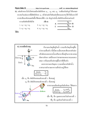Physics Online IV http://www.pec9.com บทที่ 14 แสงและทัศนอุปกรณ
70
52. แผนตัวกลางโปรงใสสามชนิด ดัชนีหักเห n1 , n2 และ n3 วางซอนกันดังรูป ใหแสงตก
กระทบในแผนแรกที่มีดัชนีหักเห n1 แลวผานตอไปยังแผนที่สองและสามได ถาตองการให
การสะทอนกลับหมดเกิดขึ้นไดเฉพาะที่ผิว CD ดังรูป เทานั้น ดัชนีหักเหทั้งสามคาจะมี
ความสัมพันธดังขอใด (ขอ 4)
1. n1 > n2 > n3 2. n1 < n2 < n3
3. n1 > n2 < n3 4. n1 < n2 > n3
วิธีทํา
4.2 ความลึกปรากฎ
ลึกจริง
ลึกปรากฏ =
2n1n
เมื่อ n1 คือ ดัชนีหักเหของตัวกลางที่ 1 ที่แสงอยู
n2 คือ ดัชนีหักเหของตัวกลางที่ 2 ที่แสงอยู
ถาเรามองวัตถุที่อยูในน้ํา เราจะเห็นวัตถุนั้นอยูตื้น
กวาความเปนจริง ทั้งนี้เพราะเมื่อแสงสะทอนจากตัวปลา
แลวเดินทางออกจากน้ํามาเขาตาเราซึ่งอยูในอากาศ แสงจะ
เกิดการหักเห แตเนื่องจากวาสายตาของคนเราจะมองตรง
เสมอ เราจึงมองเห็นปลาอยูตื้นกวาที่เปนจริง
และหากเรามองวัตถุตรง ๆ (มองตั้งฉากกับผิวน้ํา)
เราสามารถคํานวณหาความลึกปรากฎไดจาก
หากเรามองเอียงทํามุมกับผิวหักเห ใชสมการ
ลึกจริง
ลึกปรากฏ =
2cos2n
1cos1n
±
±
เมื่อ ±1 คือ มุมตกกระทบในตัวกลางที่ 1
±2 คือ มุมหักเหในตัวกลางที่ 2
วัตถุ
ตา
ภาพลึกปรากฎ
ลึกจริง
 