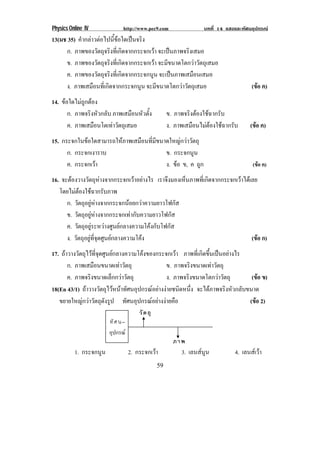Physics Online IV http://www.pec9.com บทที่ 14 แสงและทัศนอุปกรณ
59
13(มช 35) คํากลาวตอไปนี้ขอใดเปนจริง
ก. ภาพของวัตถุจริงที่เกิดจากกระจกเวา จะเปนภาพจริงเสมอ
ข. ภาพของวัตถุจริงที่เกิดจากกระจกเวา จะมีขนาดโตกวาวัตถุเสมอ
ค. ภาพของวัตถุจริงที่เกิดจากกระจกนูน จะเปนภาพเสมือนเสมอ
ง. ภาพเสมือนที่เกิดจากกระจกนูน จะมีขนาดโตกวาวัตถุเสมอ (ขอ ค)
14. ขอใดไมถูกตอง
ก. ภาพจริงหัวกลับ ภาพเสมือนหัวตั้ง ข. ภาพจริงตองใชฉากรับ
ค. ภาพเสมือนโตเทาวัตถุเสมอ ง. ภาพเสมือนไมตองใชฉากรับ (ขอ ค)
15. กระจกในขอใดสามารถใหภาพเสมือนที่มีขนาดใหญกวาวัตถุ
ก. กระจกเงาราบ ข. กระจกนูน
ค. กระจกเวา ง. ขอ ข, ค ถูก (ขอ ค)
16. จะตองวางวัตถุหางจากกระจกเวาอยางไร เราจึงมองเห็นภาพที่เกิดจากกระจกเวาไดเลย
โดยไมตองใชฉากรับภาพ
ก. วัตถุอยูหางจากกระจกนอยกวาความยาวโฟกัส
ข. วัตถุอยูหางจากกระจกเทากับความยาวโฟกัส
ค. วัตถุอยูระหวางศูนยกลางความโคงกับโฟกัส
ง. วัตถุอยูที่จุดศูนยกลางความโคง (ขอ ก)
17. ถาวางวัตถุไวที่จุดศูนยกลางความโคงของกระจกเวา ภาพที่เกิดขึ้นเปนอยางไร
ก. ภาพเสมือนขนาดเทาวัตถุ ข. ภาพจริงขนาดเทาวัตถุ
ค. ภาพจริงขนาดเล็กกวาวัตถุ ง. ภาพจริงขนาดโตกวาวัตถุ (ขอ ข)
18(En 43/1) ถาวางวัตถุไวหนาทัศนอุปกรณอยางงายชนิดหนึ่ง จะไดภาพจริงหัวกลับขนาด
ขยายใหญกวาวัตถุดังรูป ทัศนอุปกรณอยางงายคือ (ขอ 2)
1. กระจกนูน 2. กระจกเวา 3. เลนสนูน 4. เลนสเวา
ทัศน–
อุปกรณ
วัตถุ
ภาพ
 