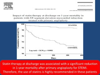 Statin therapy at discharge was associated with a significant reduction
in 1-year mortality after primary angioplasty for STEMI.
Therefore, the use of statins is highly recommended in these patients
 
