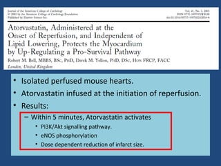 • Isolated perfused mouse hearts.
• Atorvastatin infused at the initiation of reperfusion.
• Results:
– Within 5 minutes, Atorvastatin activates
• PI3K/Akt signalling pathway.
• eNOS phosphorylation
• Dose dependent reduction of infarct size.
 