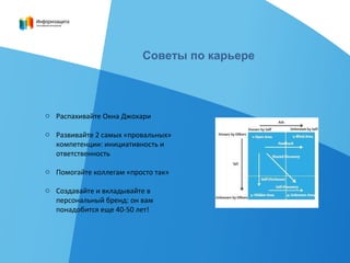 Советы по карьере
o Распахивайте Окна Джохари
o Развивайте 2 самых «провальных»
компетенции: инициативность и
ответственность
o Помогайте коллегам «просто так»
o Создавайте и вкладывайте в
персональный бренд: он вам
понадобится еще 40-50 лет!
 