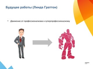 Будущее работы (Линда Граттон)
• Движение от профессионализма к суперпрофессионализму
 