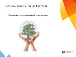 Будущее работы (Линда Граттон)
• Повышение степени социальной вовлеченности
 