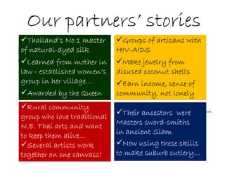 Our partners’ storiesOur partners’ storiesOur partners’ storiesOur partners’ stories
Thailand’s No 1 masterThailand’s No 1 masterThailand’s No 1 masterThailand’s No 1 master
of naturalof naturalof naturalof natural----dyed silkdyed silkdyed silkdyed silk
Learned from mother inLearned from mother inLearned from mother inLearned from mother in
lawlawlawlaw ---- established women’sestablished women’sestablished women’sestablished women’s
group in her village…group in her village…group in her village…group in her village…
Awarded by the QueenAwarded by the QueenAwarded by the QueenAwarded by the Queen
Groups of artisans withGroups of artisans withGroups of artisans withGroups of artisans with
HIVHIVHIVHIV----AIDSAIDSAIDSAIDS
Make jewelry fromMake jewelry fromMake jewelry fromMake jewelry from
disused coconut shellsdisused coconut shellsdisused coconut shellsdisused coconut shells
Earn income, sense ofEarn income, sense ofEarn income, sense ofEarn income, sense of
community, not lonelycommunity, not lonelycommunity, not lonelycommunity, not lonely
Rural communityRural communityRural communityRural community
group who love traditionalgroup who love traditionalgroup who love traditionalgroup who love traditional
N.E. Thai arts and wantN.E. Thai arts and wantN.E. Thai arts and wantN.E. Thai arts and want
to keep them alive…to keep them alive…to keep them alive…to keep them alive…
Several artists workSeveral artists workSeveral artists workSeveral artists work
together on one canvass!together on one canvass!together on one canvass!together on one canvass!
Their ancestors wereTheir ancestors wereTheir ancestors wereTheir ancestors were
Masters swordMasters swordMasters swordMasters sword----smithssmithssmithssmiths
in ancient Siamin ancient Siamin ancient Siamin ancient Siam
Now using these skillsNow using these skillsNow using these skillsNow using these skills
to make suburb cutlery…to make suburb cutlery…to make suburb cutlery…to make suburb cutlery…
 