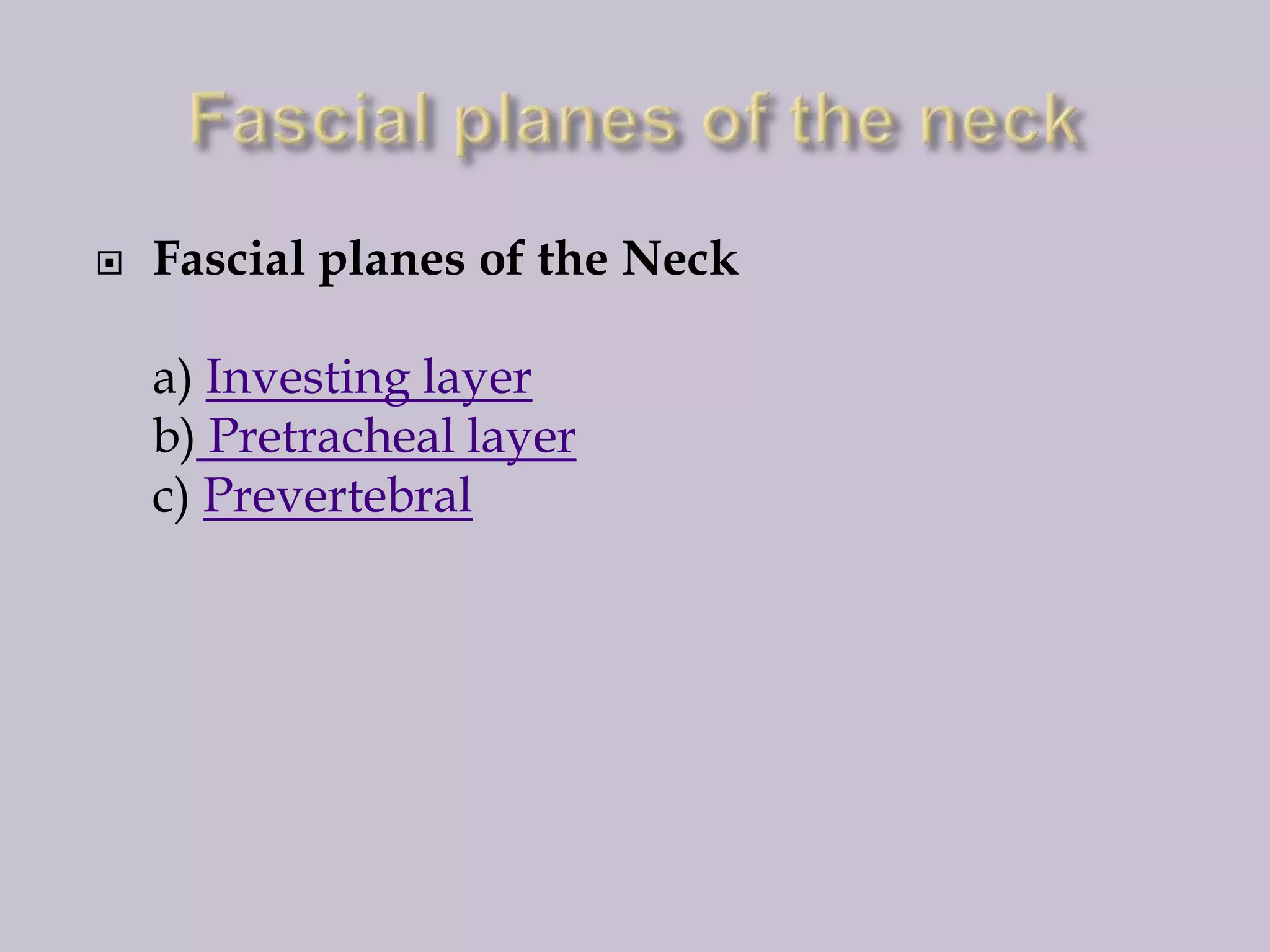 

Fascial planes of the Neck
a) Investing layer
b) Pretracheal layer
c) Prevertebral

 