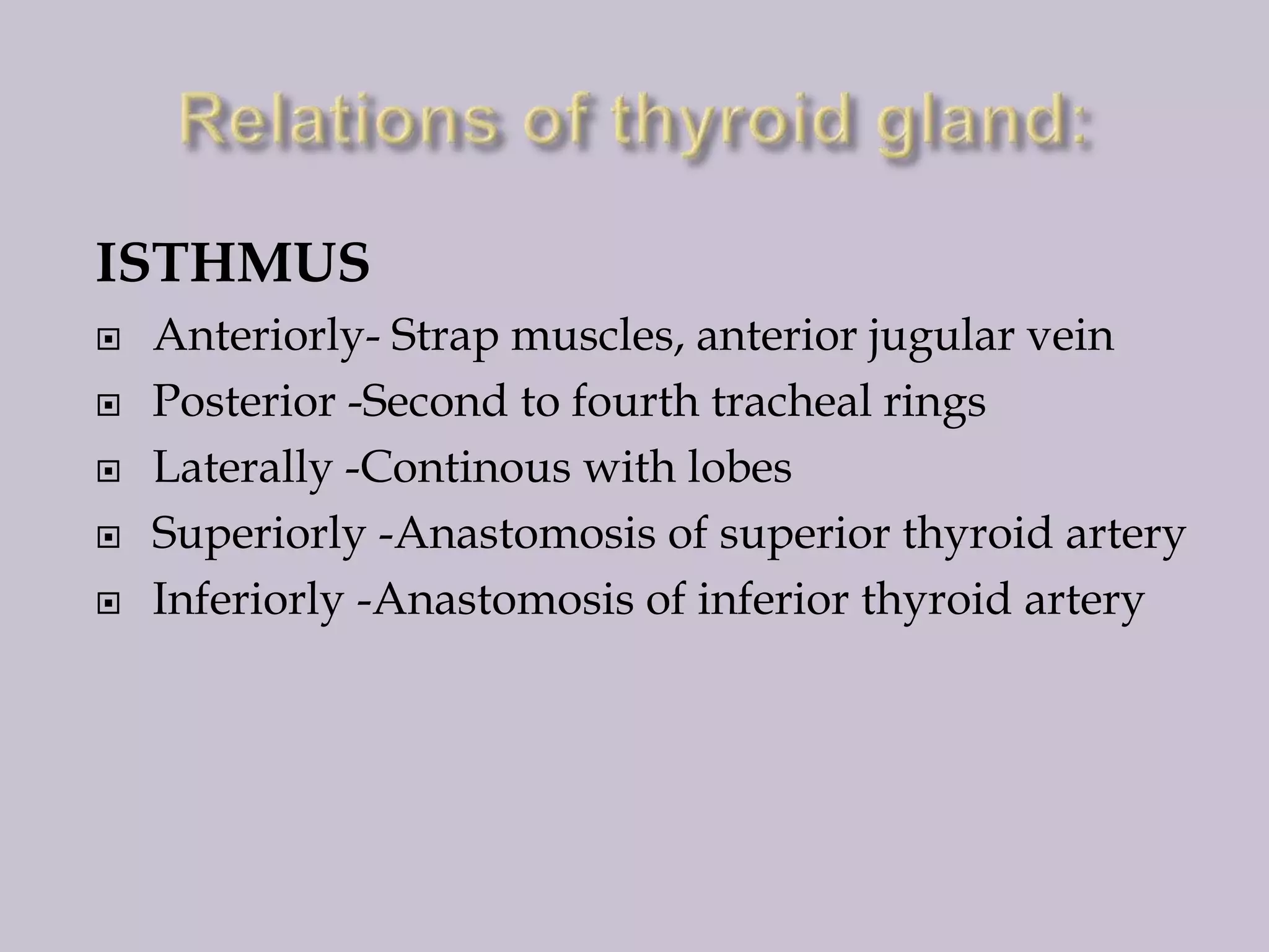 ISTHMUS






Anteriorly- Strap muscles, anterior jugular vein
Posterior -Second to fourth tracheal rings
Laterally -Continous with lobes
Superiorly -Anastomosis of superior thyroid artery
Inferiorly -Anastomosis of inferior thyroid artery

 
