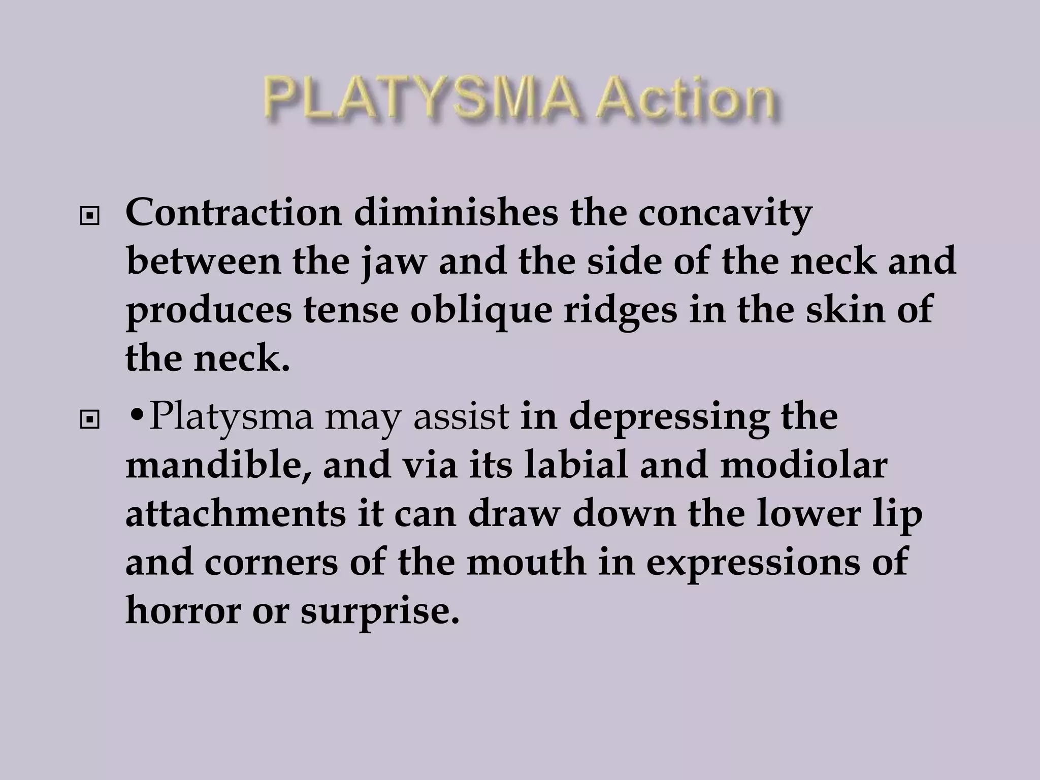 



Contraction diminishes the concavity
between the jaw and the side of the neck and
produces tense oblique ridges in the skin of
the neck.
•Platysma may assist in depressing the
mandible, and via its labial and modiolar
attachments it can draw down the lower lip
and corners of the mouth in expressions of
horror or surprise.

 