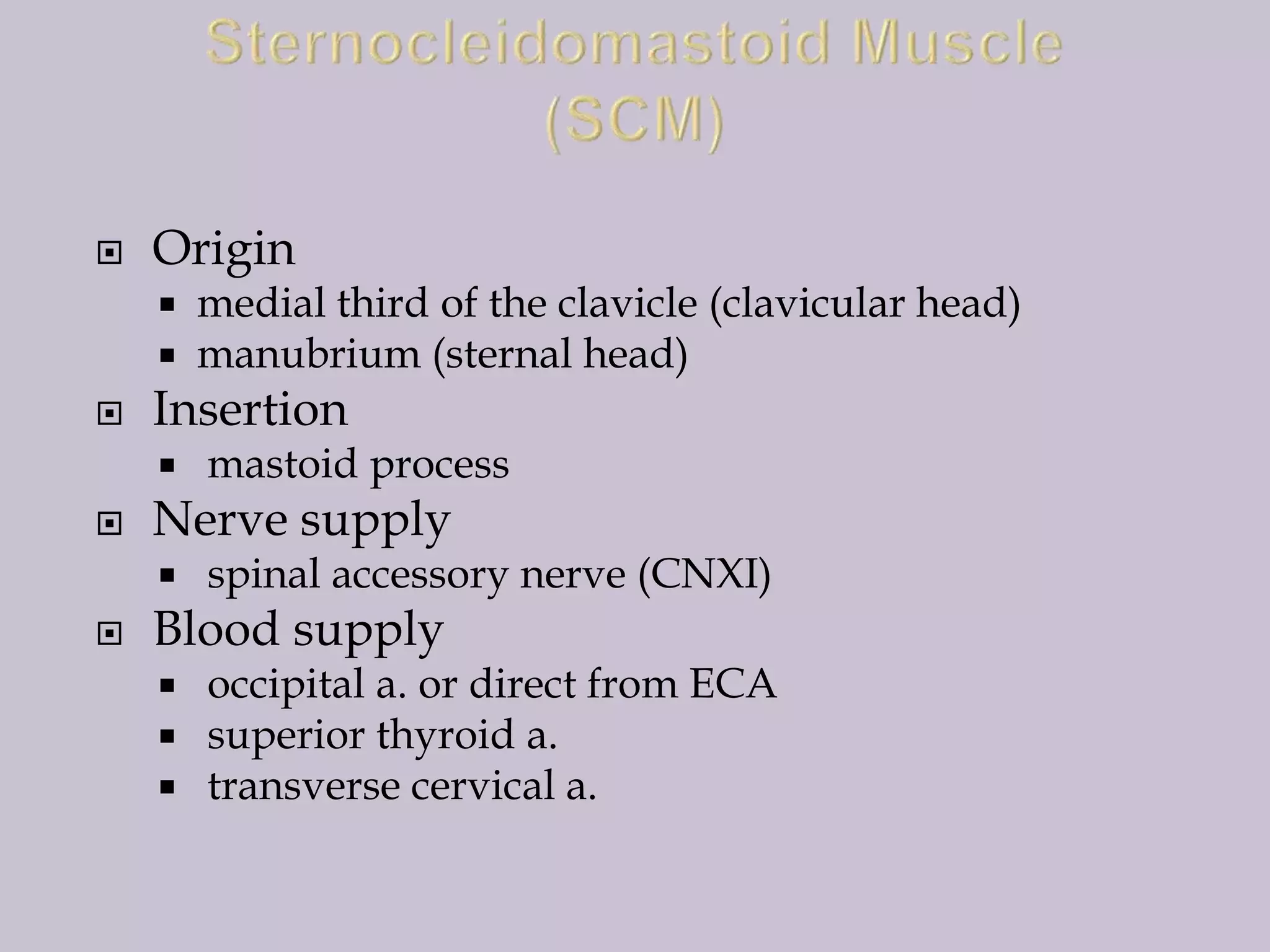

Origin





Insertion




mastoid process

Nerve supply




medial third of the clavicle (clavicular head)
manubrium (sternal head)

spinal accessory nerve (CNXI)

Blood supply




occipital a. or direct from ECA
superior thyroid a.
transverse cervical a.

 