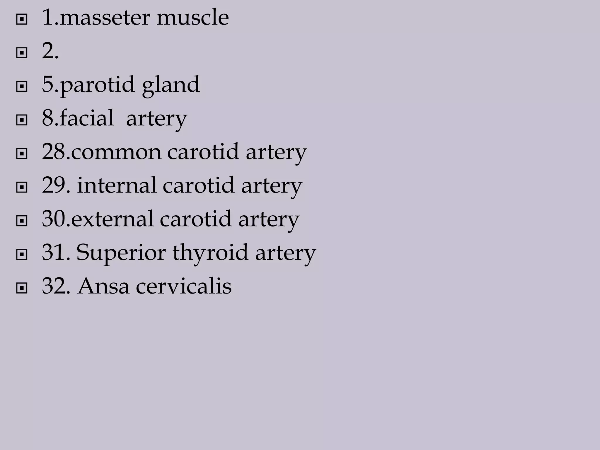 









1.masseter muscle
2.
5.parotid gland
8.facial artery
28.common carotid artery
29. internal carotid artery
30.external carotid artery
31. Superior thyroid artery
32. Ansa cervicalis

 