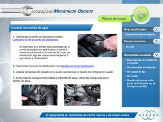 Cambiar una bomba de agua
Experimentado a experto

4. Desmontar la correa de accesorios (véase
Cambiar el kit de la correa de accesorios)
En esta fase, si la bomba está accionada por la
correa de accesorios, podrá pasar al punto 6;
mientras que si está accionada por la correa de
distribución, siga las instrucciones del punto 5
que vienen a continuación:

1h a 3h

 Una caja de herramientas
completa

5. Desmontar la correa de distribución (voir Cambiar el kit de distribución)

 Una bandeja de vaciado

6. Colocar la bandeja de vaciado en el suelo para recoger el líquido de refrigeración usado.

 Un papel de lija

7. Si hay alguna manguera conectada a la bomba de agua, retirar las mangueras de la
bomba de agua.

 Un cutter
 Masilla de juntas (si la
junta de la bomba no se
incluye en el kit)

 