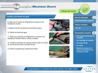 Cambiar una bomba de agua
Experimentado a experto
8. Dejar que el líquido de refrigeración se vierta en una
bandeja de vaciado.
9. Aflojar el tornillo de fijación de la bomba de agua.

1h a 3h

10. Retirar la bomba de agua.
11. Dejar que el líquido de refrigeración se vierta en una
bandeja de vaciado hasta su vertido completo.

 Una caja de herramientas
completa
 Una bandeja de vaciado

12. Limpiar la cavidad y los residuos de las juntas con ayuda
de una lamina de cutter y de papel de lija.
13. Secar la superficie de contacto del orificio.

 Un papel de lija
 Un cutter
 Masilla de juntas (si la
junta de la bomba no se
incluye en el kit)

 