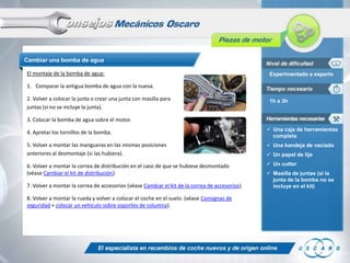 Cambiar una bomba de agua
El montaje de la bomba de agua:

Experimentado a experto

1. Comparar la antigua bomba de agua con la nueva.
2. Volver a colocar la junta o crear una junta con masilla para
juntas (si no se incluye la junta).

1h a 3h

3. Colocar la bomba de agua sobre el motor.

4. Apretar los tornillos de la bomba.

 Una caja de herramientas
completa

5. Volver a montar las mangueras en las mismas posiciones
anteriores al desmontaje (si las hubiera).

 Una bandeja de vaciado

6. Volver a montar la correa de distribución en el caso de que se hubiese desmontado
(véase Cambiar el kit de distribución)

 Un cutter

7. Volver a montar la correa de accesorios (véase Cambiar el kit de la correa de accesorios).
8. Volver a montar la rueda y volver a colocar el coche en el suelo. (véase Consignas de
seguridad + colocar un vehículo sobre soportes de columna).

 Un papel de lija
 Masilla de juntas (si la
junta de la bomba no se
incluye en el kit)

 