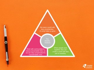 We need a world with
less uncertainties,
it’s what helps us grow.

The
Stability
Seekers

Work with communities to
reduce preventable risks, so
we can fully compensate the
unpredictable ones.

When people work
together, they can
create a world with less
pain & hardship.

 