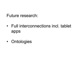 Future research:
• Full interconnections incl. tablet
apps
• Ontologies

 
