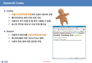 Session과 Cookie
Cookie
 사용자 브라우저에 저장되어 요청시 헤더에 포함
 클라이언트당 최대 20개 저장 가능
 사용자가 쿠키 허용 안 할 경우 사용할 수 없음
 하나의 쿠키에 최대 4K 이상 저장 불가능

Session
 사용자의 데이터를 서버의 메모리에 저장
 해시테이블에 저장: Name/Value 형태
 사용자 정보 등에 대한 안전한 저장

- Internal Use Only -

 