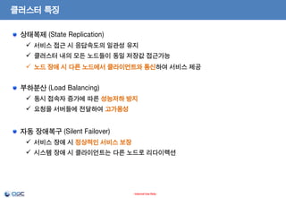 클러스터 특징
상태복제 (State Replication)
 서비스 접근 시 응답속도의 일관성 유지
 클러스터 내의 모든 노드들이 동일 저장값 접근가능
 노드 장애 시 다른 노드에서 클라이언트와 통신하여 서비스 제공

부하분산 (Load Balancing)
 동시 접속자 증가에 따른 성능저하 방지
 요청을 서버들에 전달하여 고가용성

자동 장애복구 (Silent Failover)
 서비스 장애 시 정상적인 서비스 보장
 시스템 장애 시 클라이언트는 다른 노드로 리다이렉션

- Internal Use Only -

 