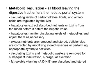 • Metabolic regulation - all blood leaving the
digestive tract enters the hepatic portal system
- circulating levels of carbohydrates, lipids, and amino
acids are regulated by the liver
- hepatocytes extract absorbed nutrients or toxins from
the blood before it enters the hepatic veins
- hepatocytes monitor circulating levels of metabolites and
adjust them as necessary
- excess nutrients are removed and stored, deficiencies
are corrected by mobilizing stored reserves or performing
appropriate synthetic activities
- circulating toxins and metabolic waste are removed for
subsequent inactivation, storage, or excretion
- fat-soluble vitamins (A,D,K,E) are absorbed and stored

 