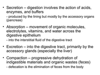 • Secretion – digestion involves the action of acids,
enzymes, and buffers
- produced by the lining but mostly by the accessory organs
(pancreas)

• Absorption – movement of organic molecules,
electrolytes, vitamins, and water across the
digestive epithelium
- into the interstitial fluid of the digestive tract

• Excretion – into the digestive tract, primarily by the
accessory glands (especially the liver)
• Compaction – progressive dehydration of
indigestible materials and organic wastes (feces)
- defecation is the elimination of feces from the body

 