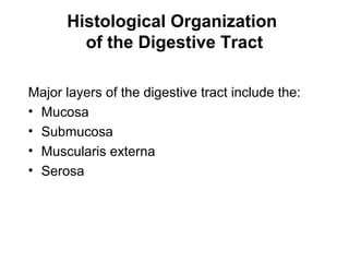 Histological Organization
of the Digestive Tract
Major layers of the digestive tract include the:
• Mucosa
• Submucosa
• Muscularis externa
• Serosa

 