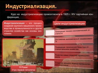 Курс на индустриализацию провозгласила в 1925 г. XIV партийная конференция.
Индустриализация – это процесс
создания крупного машинного производства в промышленности и других
отраслях хозяйства как основы экономики.

Я.Ромас
Утро первой пятилетки

Цели индустриализации

 