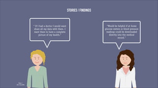 STORIES / FINDINGS

“ If I had a doctor I would want
share all my data with them. I
want them to have a complete
picture of my health.”

Kaya /
did 23andMe

“Would be helpful if at home
glucose meters or blood pressure
readings could be downloaded
directly into the medical
record.”

 