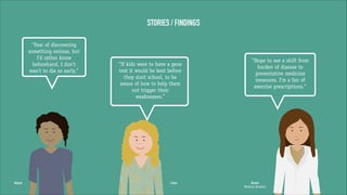 STORIES / FINDINGS
“Fear of discovering
something serious, but
I’d rather know
beforehand. I don’t
wan’t to die so early.”

Kayla

!

“If kids were to have a gene
test it would be best before
they start school, to be
aware of how to help them
not trigger their
weaknesses.”

Lina

!

“Hope to see a shift from
burden of disease to
preventative medicine
measures. I’m a fan of
exercise prescriptions.”

Rosie
Medical Student

 