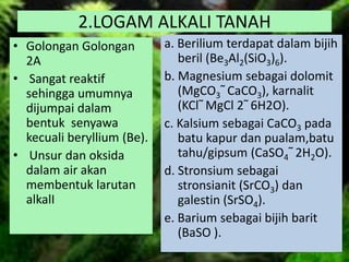 2.LOGAM ALKALI TANAH
• Golongan Golongan
2A
• Sangat reaktif
sehingga umumnya
dijumpai dalam
bentuk senyawa
kecuali beryllium (Be).
• Unsur dan oksida
dalam air akan
membentuk larutan
alkalI
a. Berilium terdapat dalam bijih
beril (Be3Al2(SiO3)6).
b. Magnesium sebagai dolomit
(MgCO3˜CaCO3), karnalit
(KCl˜MgCl 2˜6H2O).
c. Kalsium sebagai CaCO3 pada
batu kapur dan pualam,batu
tahu/gipsum (CaSO4˜2H2O).
d. Stronsium sebagai
stronsianit (SrCO3) dan
galestin (SrSO4).
e. Barium sebagai bijih barit
(BaSO ).
 