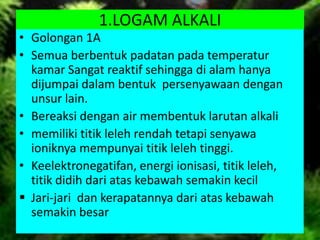 1.LOGAM ALKALI
• Golongan 1A
• Semua berbentuk padatan pada temperatur
kamar Sangat reaktif sehingga di alam hanya
dijumpai dalam bentuk persenyawaan dengan
unsur lain.
• Bereaksi dengan air membentuk larutan alkali
• memiliki titik leleh rendah tetapi senyawa
ioniknya mempunyai titik leleh tinggi.
• Keelektronegatifan, energi ionisasi, titik leleh,
titik didih dari atas kebawah semakin kecil
 Jari-jari dan kerapatannya dari atas kebawah
semakin besar
 